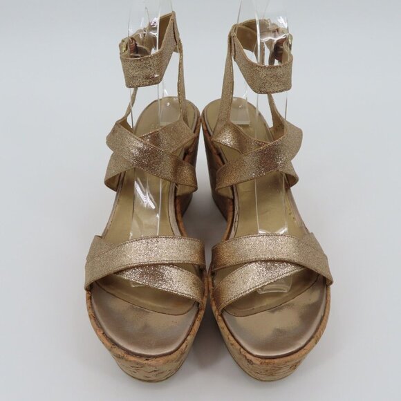 Stuart Weitzman Women 9M Gold Glitter Cork Platform Wedge Sandals Strappy Shoes - Picture 2 of 13